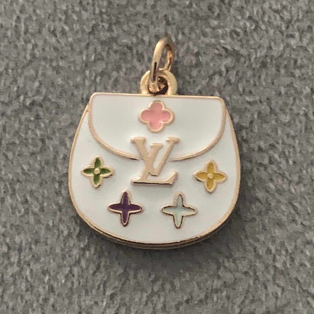Upcycled White with multi-colored flowers Enamel Bag Charm Pendant